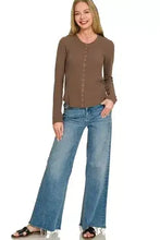 Brown long-sleeved double knit button-up top with rounded neckline and subtle ribbed texture by Zenana