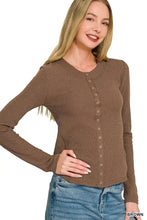 Brown ribbed long sleeve double knit button up top with round neckline and matching buttons from Zenana shirts