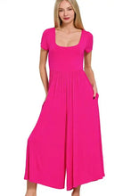 Zenana double layered short sleeve fuchsia jumpsuit, machine wash cold