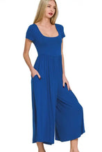 Zenana jumpsuit features vibrant royal blue wide-leg cut, machine wash cold