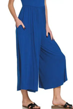 Zenana royal blue wide-leg culottes jumpsuit features soft fabric, machine wash cold