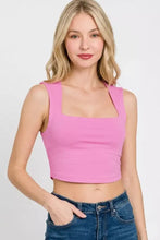 Pink sleeveless crop top with soft stretchy fabric featuring a double layered square neck by zenana