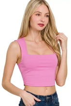Pink sleeveless fitted crop top with a double layered square neck from Zenana perfect for casual wear
