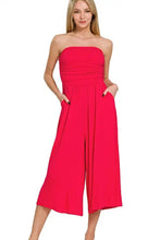 Zenana vibrant red strapless jumpsuit with ruched bodice and wide-leg cut