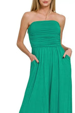 Zenana emerald green strapless jumpsuit with ruched bodice, machine wash cold