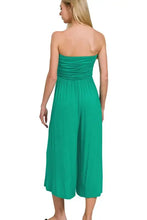 Zenana emerald green strapless jumpsuit with ruched bodice, wide-leg cut, machine wash cold