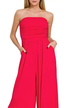 Zenana vibrant red strapless jumpsuit with ruched bodice and wide-leg pants