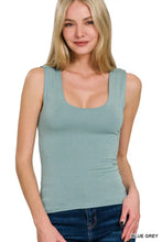 Zenana double layered tank top in soft blue grey with sleeveless fit, square neckline, and subtle side ruching