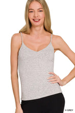 A soft heather gray double layered v-neck spaghetti cami from Zenana made with comfortable fabric and flattering straps