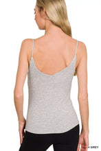 Heather gray sleeveless spaghetti cami with thin straps and double layered v-neck back cutout by zenana