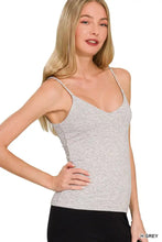 A heather gray sleeveless double layered v-neck spaghetti cami top by zenana with thin straps and lightweight fabric