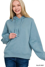 Blue grey zenana drawstring relaxed fit fleece hoodie with long sleeves and ribbed cuffs for comfortable wear