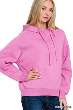 Bright mauve zenana drawstring relaxed fit fleece hoodie with soft cotton-like fabric and matching drawstrings