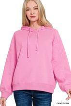 Candy pink Zenana drawstring relaxed fit fleece hoodie with oversized design, ribbed cuffs, and a drawstring hood