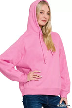 Candy pink Zenana drawstring relaxed fit fleece hoodie with long sleeves and ribbed cuffs for casual wear