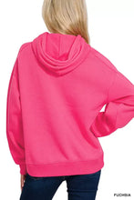 Fuchsia-colored zenana drawstring relaxed fit fleece hoodie with soft cotton blend fabric and ribbed cuffs for comfort