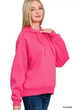 Fuchsia zenana drawstring relaxed fit fleece hoodie made of soft cotton fabric with matching drawstrings for casual wear