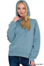 Soft blue grey zenana drawstring relaxed fit fleece hoodie with ribbed cuffs and hem and drawstring hood