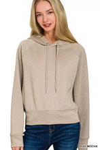 Ash mocha zenana drawstring scuba hoodie in soft textured fabric with matching drawstrings and long sleeves