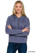 Blue indigo zenana drawstring scuba hoodie with long sleeves and slightly stretchy fabric and drawstring hood