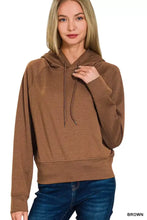 Brown zenana drawstring scuba hoodie with ribbed cuffs hem slightly stretchy fabric machine wash cold safe