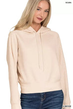 Beige zenana drawstring scuba hoodie in slightly stretchy material with soft relaxed fit and matching drawstrings for perfect fit