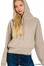 Ash mocha zenana drawstring scuba cropped hoodie in soft heathered fabric with matching drawstrings