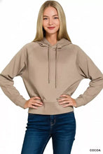 Beige zenana drawstring scuba cropped hoodie with drawstring hood and ribbed cuffs perfect for pairing advice