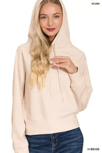 Beige zenana drawstring scuba hoodie in slightly stretchy scuba material with front pockets for a perfect fit