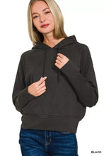 Black cropped Zenana drawstring scuba hoodie with ribbed cuffs and hem in modern style design