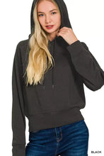 Zenana drawstring scuba hoodie in black with a soft relaxed fit and modern style matching drawstrings