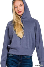 Blue indigo zenana drawstring scuba hoodie made of soft textured slightly stretchy fabric with ribbed cuffs and cropped fit