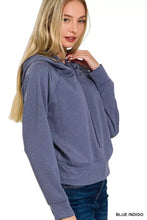 Blue indigo zenana drawstring scuba hoodie with relaxed fit ribbed cuffs and slightly stretchy fabric for comfort