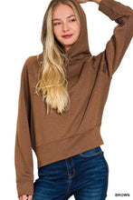 Brown slightly stretchy zenana drawstring scuba hoodie with soft textured fabric and ribbed cuffs machine wash cold