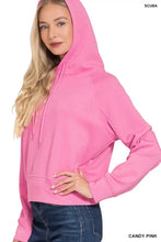 Zenana drawstring scuba hoodie in candy pink with soft cozy fabric and matching drawstrings in vibrant color