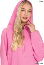 Candy pink Zenana drawstring scuba hoodie with soft heathered texture and matching vibrant color drawstrings