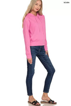 Pink hooded scuba hoodie with long sleeves and drawstrings in vibrant color by zenana