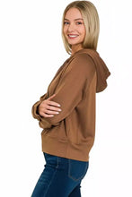 Zenana drawstring scuba hoodie in camel color with a relaxed fit, ribbed cuffs, and slightly stretchy fabric machine wash cold