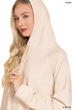 Zenana drawstring scuba hoodie in soft beige slightly stretchy scuba material with relaxed fit and matching drawstrings for perfect fit