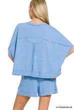 Zenana exposed seam boxy top and shorts set in ocean blue heather