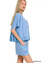 Zenana exposed seam boxy top and shorts set in ocean blue heather