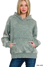 Ash jade Zenana fleece hoodie with acid wash finish, ribbed cuffs and hem, front kangaroo pocket, distressed style