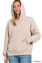Ash mocha-colored zenana fleece acid wash hoodie with oversized fit, kangaroo pocket, ribbed cuffs and hem