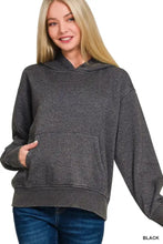 Black fleece kangaroo pocket hoodie with ribbed cuffs in acid wash style from Zenana for casual wear