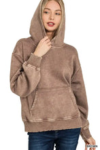 Brown distressed cotton acid wash fleece kangaroo pocket hoodie with ribbed cuffs and hem by zenana