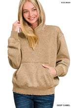 Deep camel zenana fleece acid wash hoodie with ribbed cuffs hem and kangaroo pocket featuring acid wash finish