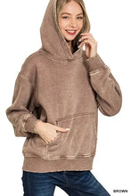 Brown zenana fleece acid wash kangaroo pocket hoodie with soft faded texture and ribbed cuffs and hem