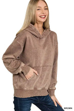 Brown zenana fleece acid wash kangaroo pocket hoodie with soft texture and ribbed cuffs and hem