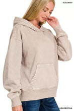 Ash mocha fleece acid wash hoodie with kangaroo pocket ribbed cuffs and hem from zenana fleece collection