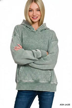 Zenana fleece acid wash kangaroo pocket hoodie in ash jade oversized style with ribbed cuffs and hem in faded sage green